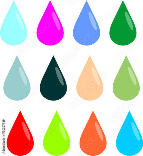 A vibrant collection of twelve colorful liquid droplets arranged in a neat grid.