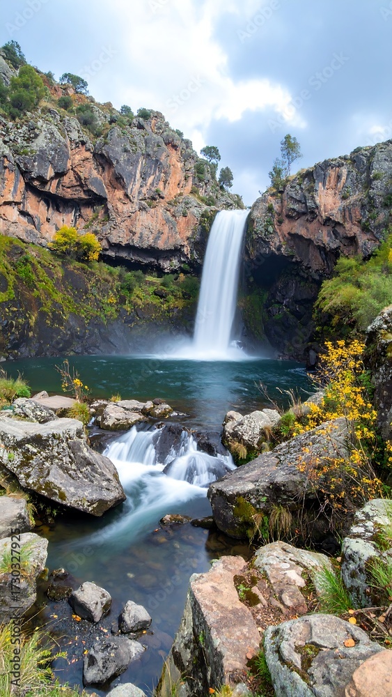 Obraz premium Tall waterfall cascading into a rocky pool, surrounded by autumnal foliage and cliffs