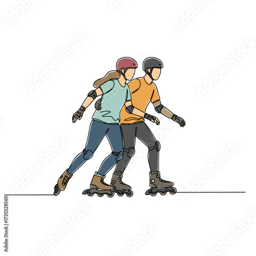 Couple rollerblading together on a smooth surface in casual attire  