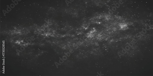A deep blue night sky full of stars and clouds, with a storm of light and dark fog