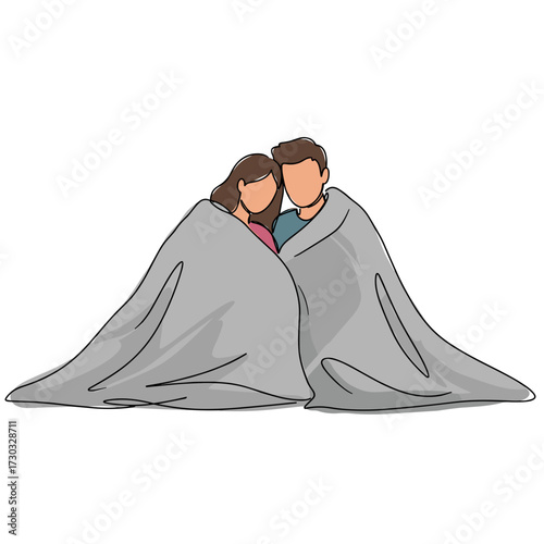 Couple snuggling under gray blanket with cozy expressions indoors  