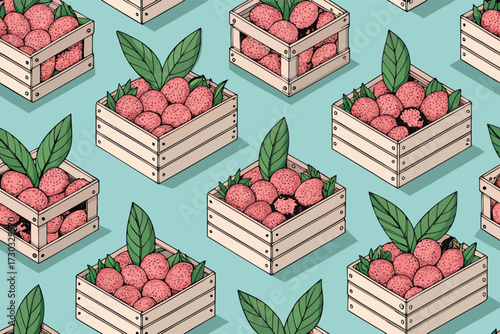 Pattern of wooden crates filled with ripe lychee fruits and green leaves.