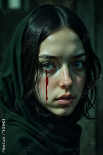a person wearing a dark green hooded garment. There is a streak of red liquid, resembling blood, running down from the person's eye area. The background is dark and blurred, focusing