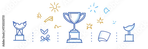 Minimalist line art vector illustration of winner trophy cup and awards with celebratory stars and ribbons for success achievement design