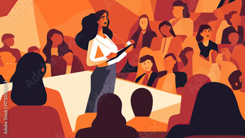 Female speaker presenting at business seminar with diverse audience listening attentively in modern conference room vector illustration