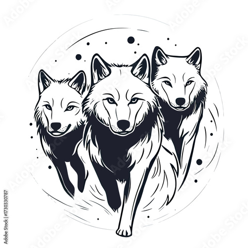 Three wolves running together in dynamic black and white hand drawn minimalist vector illustration with circular motion background and detailed fur texture