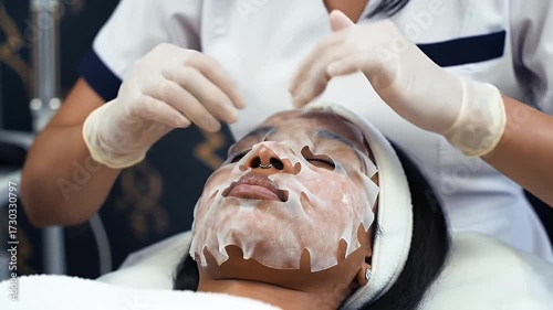 Woman Receiving Facial Mask Treatment at Spa Clinic in White Gloves Under Soft Lighting with Black Hair and White Uniform  Therapeutic Skincare Routine Treatment and Wellness Promotion
