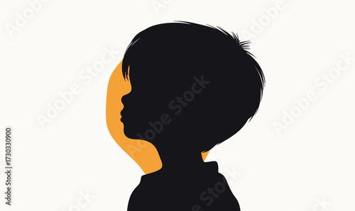 Silhouette profile of little child facing left with orange abstract background in flat minimalist vector style for childhood and innocence concept