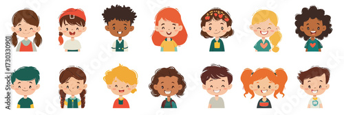 Diverse group of happy kindergarten kids boys and girls avatars with various hairstyles and colorful outfits flat minimalist vector cartoon illustration set