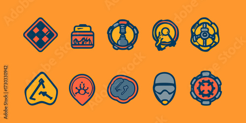Set of biohazard and chemical hazard warning icons including gas mask, fire danger, virus, radiation and toxic symbols in flat minimalist line style on orange background