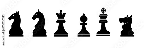Black chess piece silhouettes set featuring knight horse rook bishop king queen in flat minimalist vector style isolated on white background