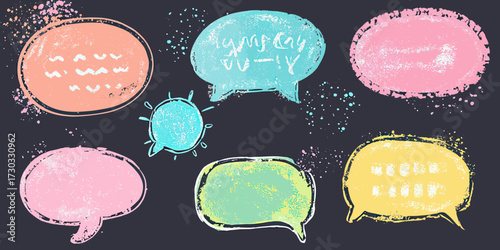 Hand drawn colorful chalk speech bubbles with textured crayon style and splatter background in playful doodle chat frame set for communication design