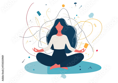 Calm woman with long hair meditating in lotus position surrounded by abstract chaotic lines representing stress and mental clarity in minimalist flat style