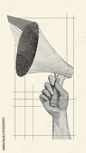 Engraved hand holding vintage megaphone shouting with sound waves in black and white detailed line art illustration vector design