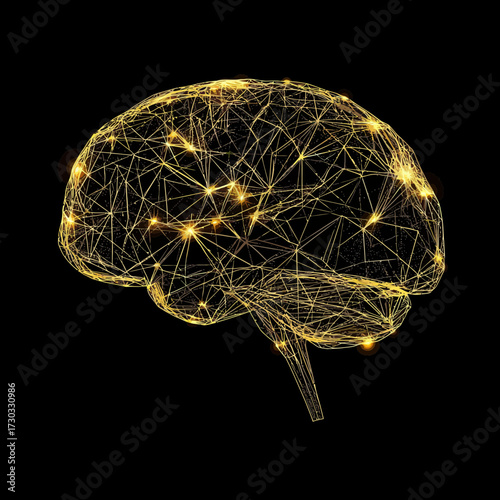 Golden low poly wireframe human brain illustration with glowing neural network connections on black background digital 3D modeling visualization of intelligence and technology concept