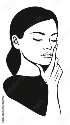 Silence gesture woman portrait black and white minimalist vector illustration with finger on lips calm expression and closed eyes peaceful face outline drawing