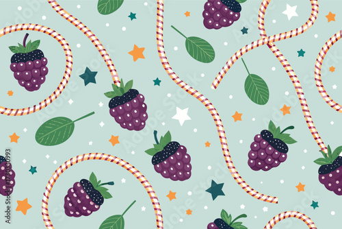 A vibrant pattern of blackberries, candy canes, and stars on a mint background.