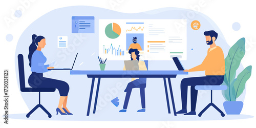 Three colleagues working remotely on laptops during a video conference call in modern office with charts and data analytics on screen in flat vector style business illustration