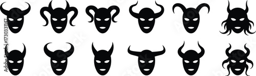 Horned mask silhouettes, fantasy demon faces, black vector icons, eerie creature designs, horror elements, tribal, gothic, mythology, illustration