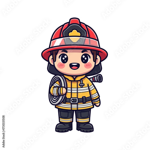 Cute cartoon firefighter, ready to help, wearing a helmet and uniform, holding a hose Vector illustration kawaii