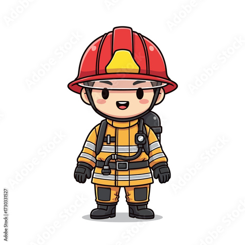 An illustration of a firefighter wearing protective gear and a helmet, ready to serve. Vector illustration kawaii