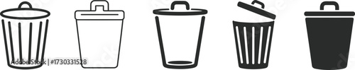 Trash can icons, waste bin symbols, garbage container illustrations, recycling bin graphics, sanitation design elements, urban cleanup, eco-friendly disposal visuals