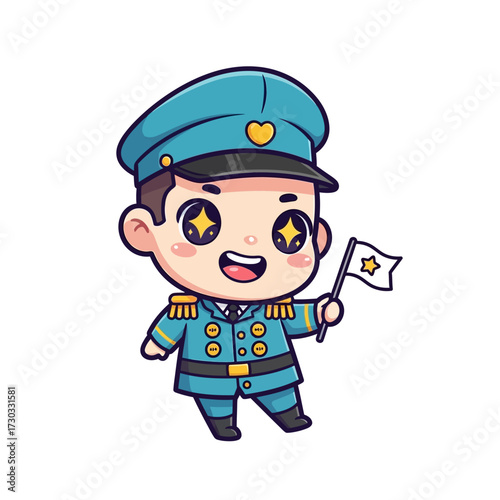 An adorable cartoon officer proudly holding a small flag, exuding happiness and confidence Vector illustration kawaii