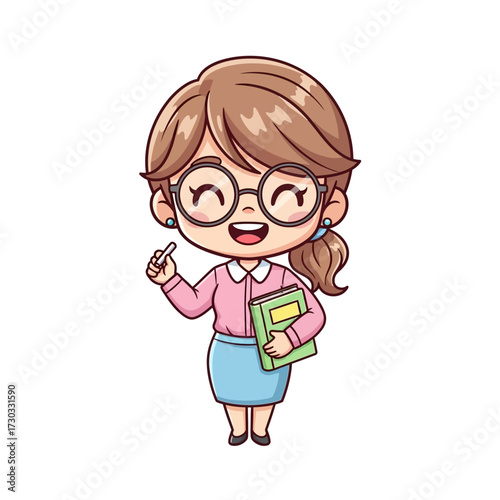 A friendly teacher stands with a book and chalk, ready to share knowledge Vector illustration kawaii