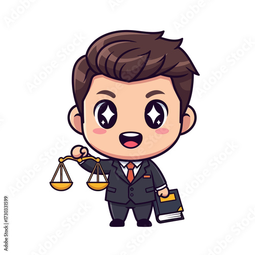 An illustrated lawyer holding scales and a book, showcasing a professional concept. The image exudes approachability and trustworthiness Vector illustration kawaii