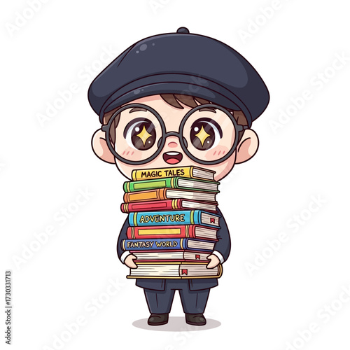 A young student with a big pile of books Vector illustration kawaii