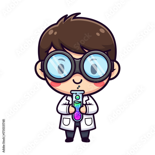 A cartoon scientist holds a test tube containing colorful liquids, smiling and ready to explore new discoveries Vector illustration kawaii