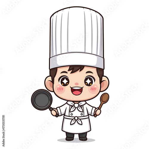 A charming cartoon chef, ready to prepare a culinary masterpiece with a pan and spoon in hand Vector illustration kawaii
