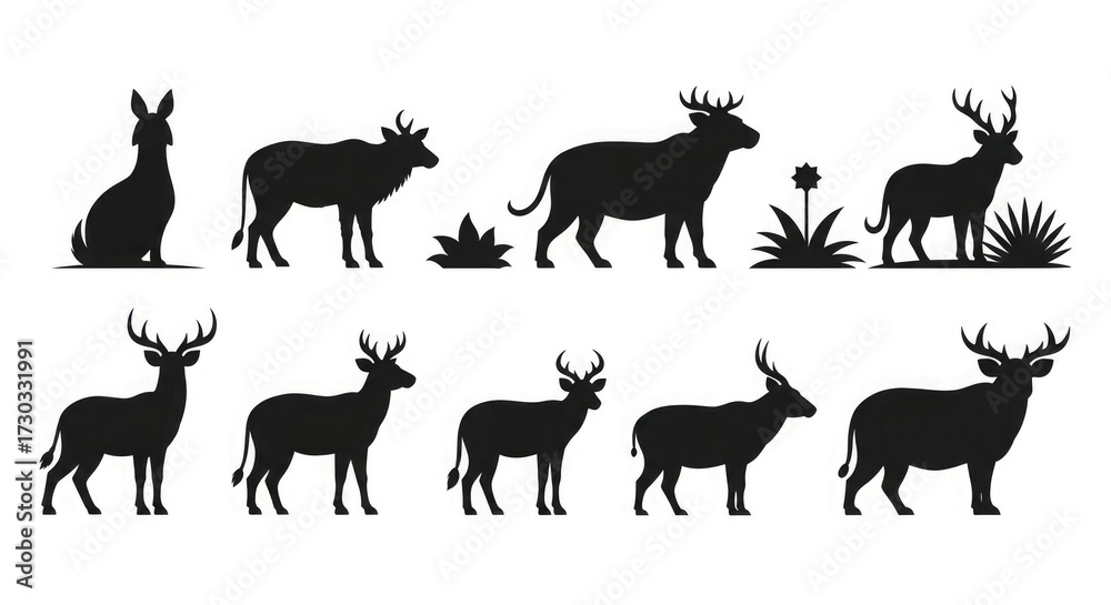 Fototapeta premium Deer silhouette vector illustration set, animal wildlife, forest, nature, reindeer, stag, buck, mammal icon