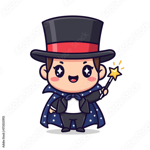 A cute magician holding a magic wand, ready to perform a trick. He's wearing a top hat and a cape, and has a big smile on his face Vector illustration kawaii