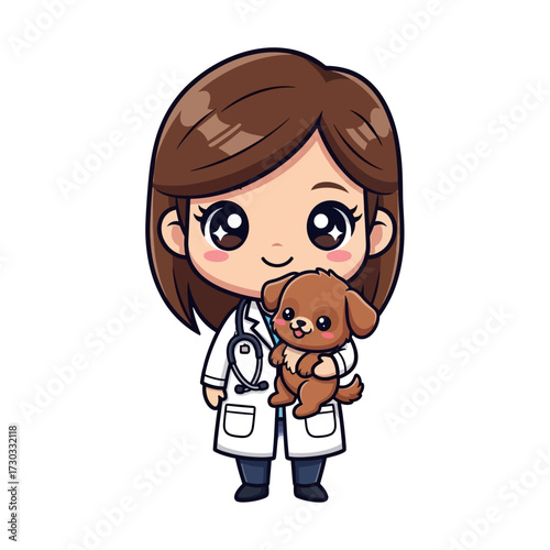 A cute veterinarian in a lab coat holding a happy puppy Vector illustration