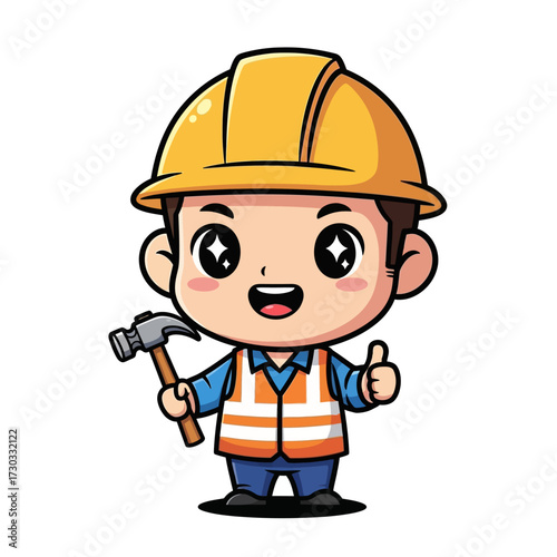 A cute cartoon builder with a hammer giving a thumbs-up. He is wearing a yellow hard hat and safety vest Vector illustration