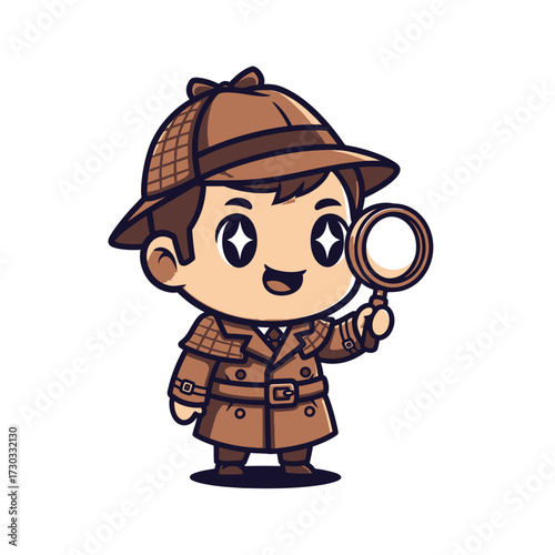 A cartoon detective holding a magnifying glass, ready to solve the case! This illustration evokes a sense of curiosity, intelligence, and investigation Vector illustration