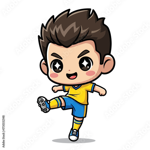 An adorable cartoon illustration of a soccer player kicking a ball, perfect for inspiring young athletes Vector illustration