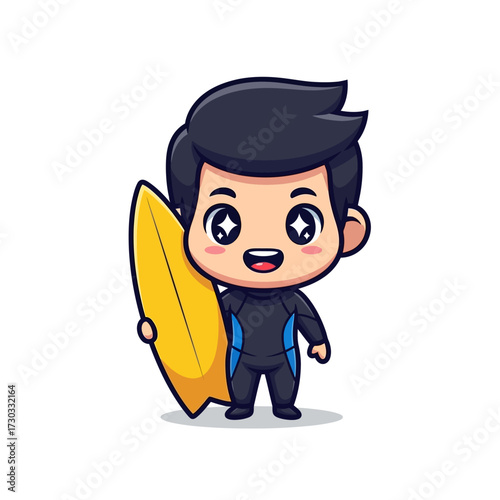 A cheerful illustration of a surfer character holding a yellow surfboard, ready for a day of waves. The surfer is wearing a wetsuit. Vector illustration