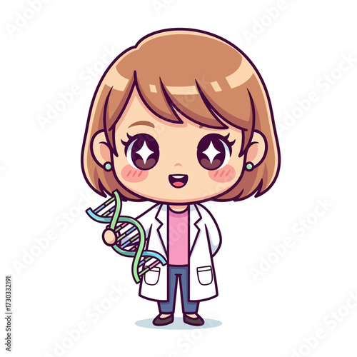 A cartoon scientist holding a DNA helix. The scientist is smiling and wearing a lab coat Vector illustration