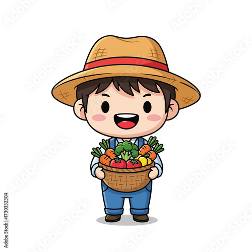A cheerful farmer with a hat carrying a basket of fresh vegetables Vector illustration kawaii