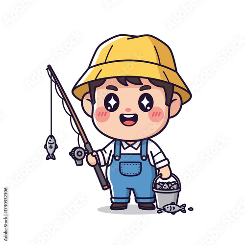 A cute illustration of a fisherman holding a fishing rod with a fish on it Vector illustration kawaii