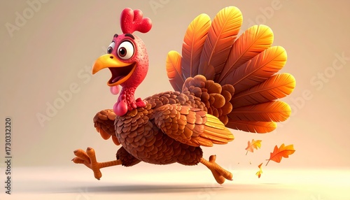funny 3d cartoon turkey running thanksgiving icon. Festive fowl dash animated holiday bird sprint comical thanksgiving mascot race amusing poultry run.