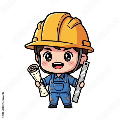 An adorable cartoon of a construction worker happily holding blueprints and a ruler, wearing a yellow helmet and blue overalls. Vector illustration kawaii