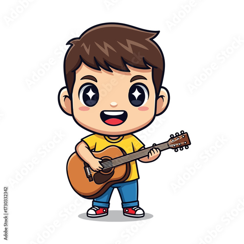 A cute cartoon boy joyfully playing a guitar. This image is perfect for children's content or music-related projects Vector illustration kawaii