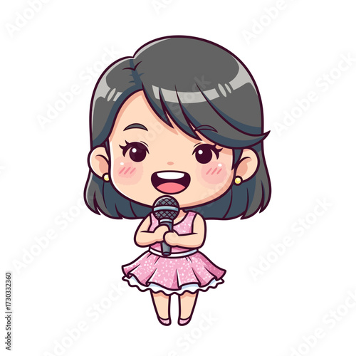 Cute cartoon girl holding microphone, ready to sing Vector illustration kawaii
