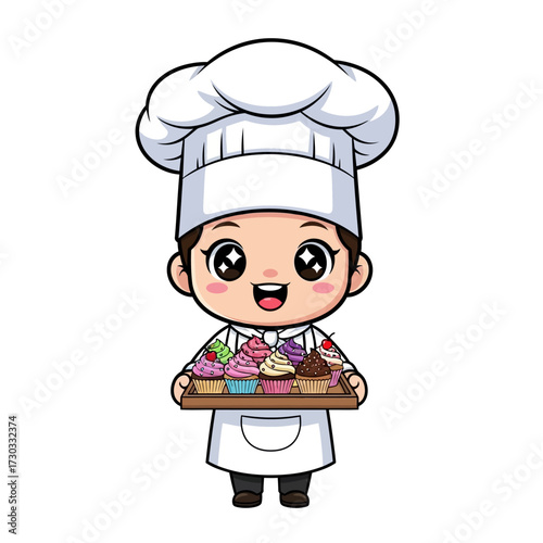 A chef holding a tray of cupcakes, embodying the joy of baking and culinary creativity Vector illustration kawaii