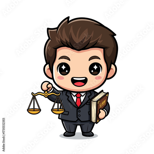 An illustration of a cute cartoon lawyer with scales and a law book representing justice and law Vector illustration kawaii