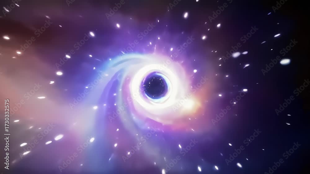 Wormhole portal View into a vibrant, glowing cosmic swirl with scattered stars in outer space, dark void in center