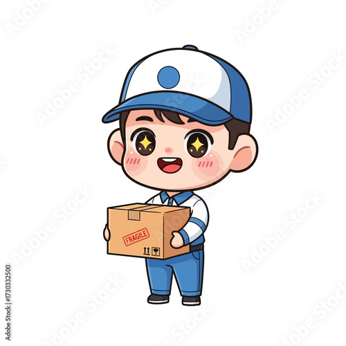 A cartoon delivery person holding a package, smiling happily. This illustration captures the essence of quick and efficient shipping. Vector illustration kawaii